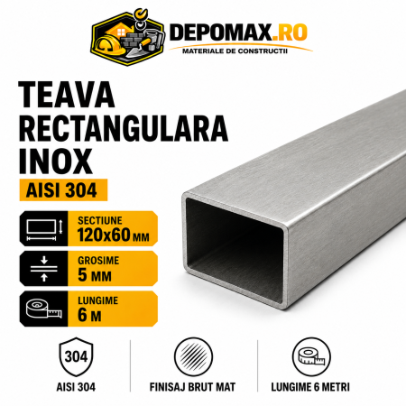 Teava rectangulara inox AISI 304, 120 x 60 x 5 mm, 6 metri